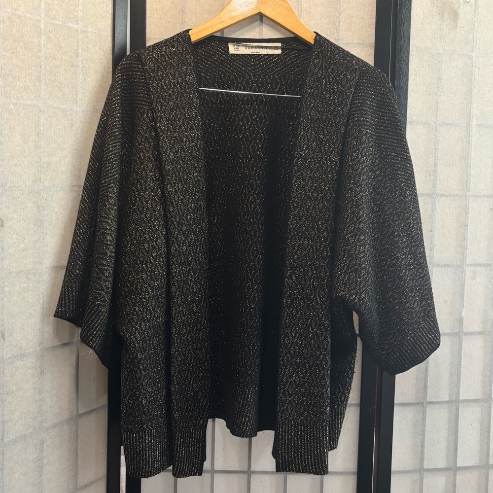 ZARA KNIT Metallic Black & Gold Open Cardigan with Draped Fold Over Collar